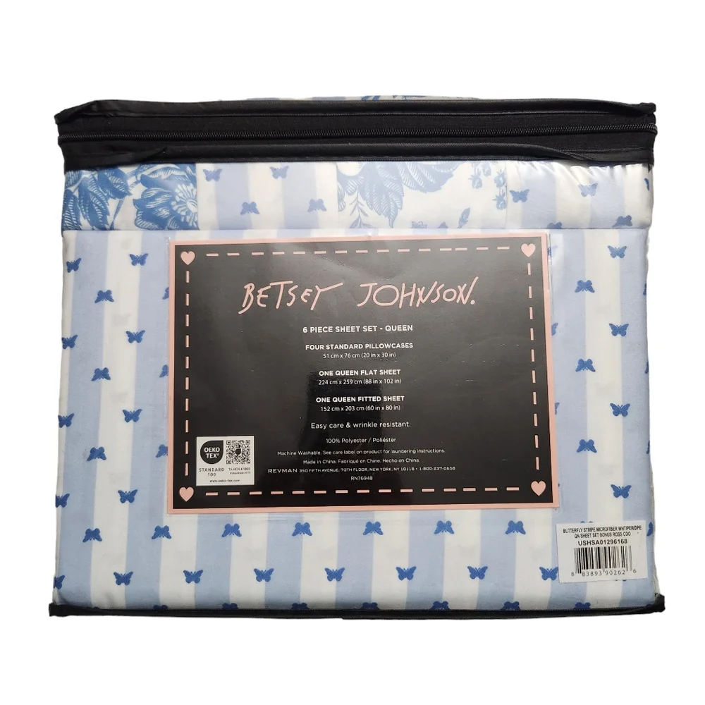 Betsey Johnson 6pc Queen Sheet Set White Blue Butterfly Stripe Floral Chic